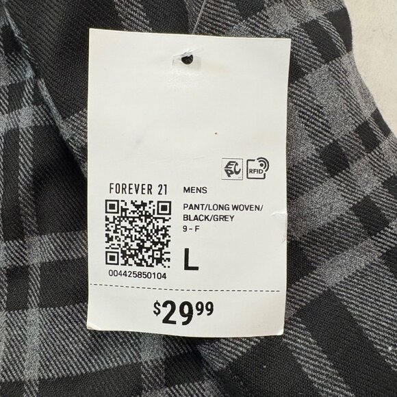 Forever 21 Mens Black & Grey Plaid Long Woven Pants L Elastic Waist Zip Pockets - Picture 4 of 10